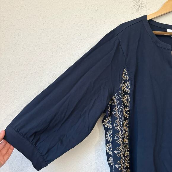 J.JILL PURE JILL Top Blouse Navy Blue Embroidered Cotton Boho NWT - Picture 4 of 9